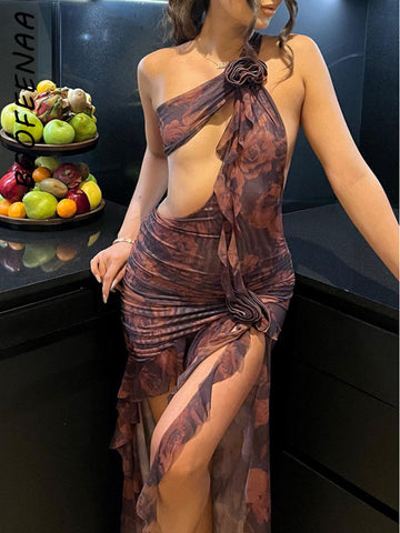 Floral Appliques Asymmetric Cut Out Backless Long Dresses Floral Appliques Asymmetric Cut Out Backless Long Dresses