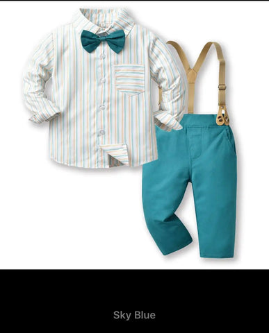 Long Sleeve Plaid Bowtie Tops Suspender Pants Casual Clothes Outfit