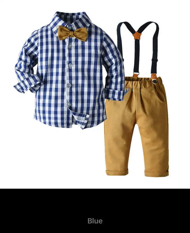 Long Sleeve Plaid Bowtie Tops Suspender Pants Casual Clothes Outfit