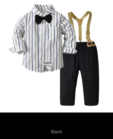 Long Sleeve Plaid Bowtie Tops Suspender Pants Casual Clothes Outfit