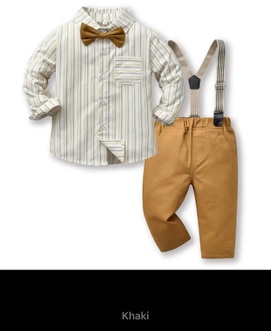 Long Sleeve Plaid Bowtie Tops Suspender Pants Casual Clothes Outfit