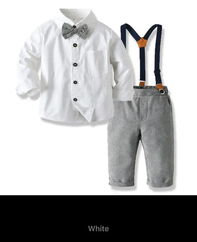 Long Sleeve Plaid Bowtie Tops Suspender Pants Casual Clothes Outfit