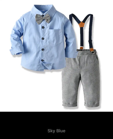 Long Sleeve Plaid Bowtie Tops Suspender Pants Casual Clothes Outfit