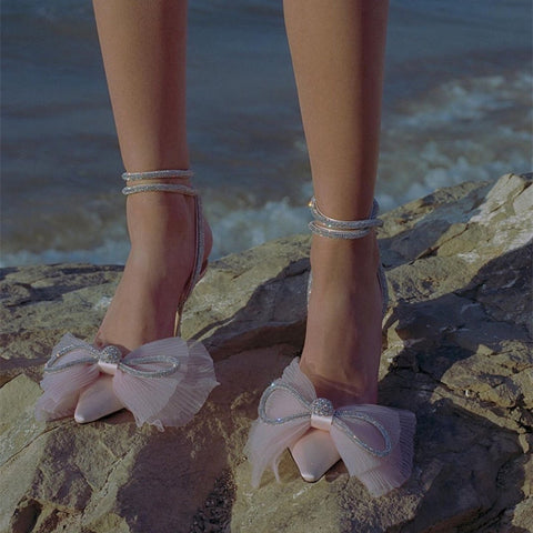Women Pumps Crystal bowknot Satin Summer Shoes