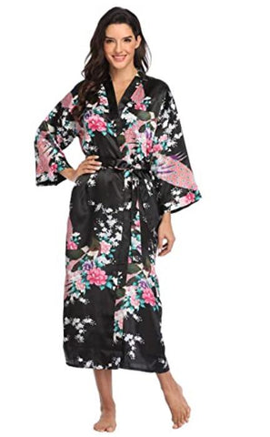 Satin Bathrobe Women Sexy Flower Long Sleepwear M-3XL