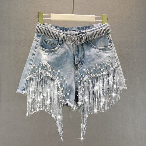 Elegant Shorts Lady Tassel Beading High Waist Wide Leg Denim