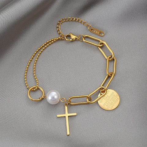 New Stainless Steel Layered Golden Pendant Bracelet
