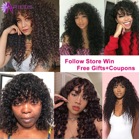 Glueless Water Wave Wig Peruvian Human Hair Wigs With Bangs Full Machine Made Wig 8-26 Inches