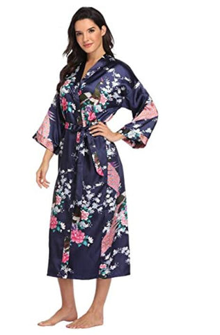 Satin Bathrobe Women Sexy Flower Long Sleepwear M-3XL