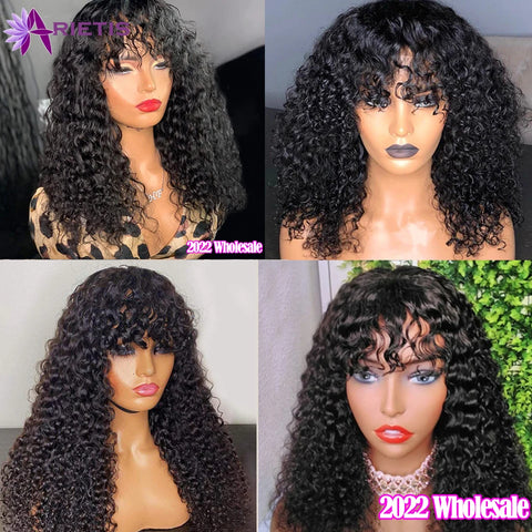 Glueless Water Wave Wig Peruvian Human Hair Wigs With Bangs Full Machine Made Wig 8-26 Inches