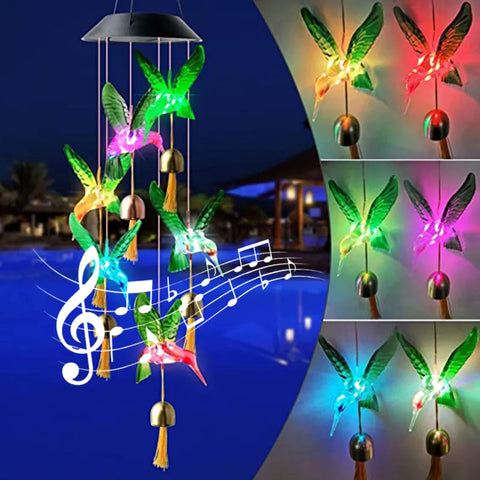 LED Colorful Solar Power Wind Chime Crystal Hummingbird