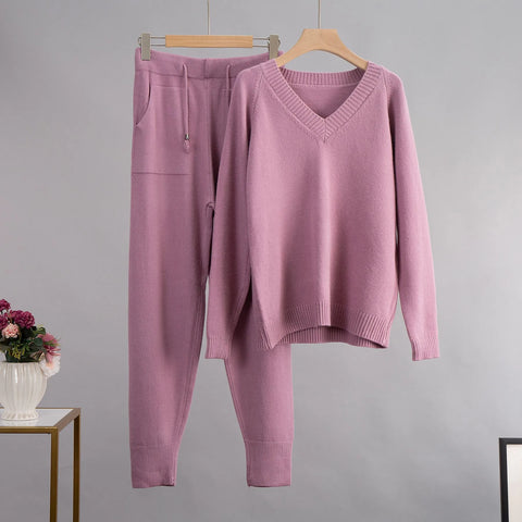V Neck Solid Color Knitted Sweater Set