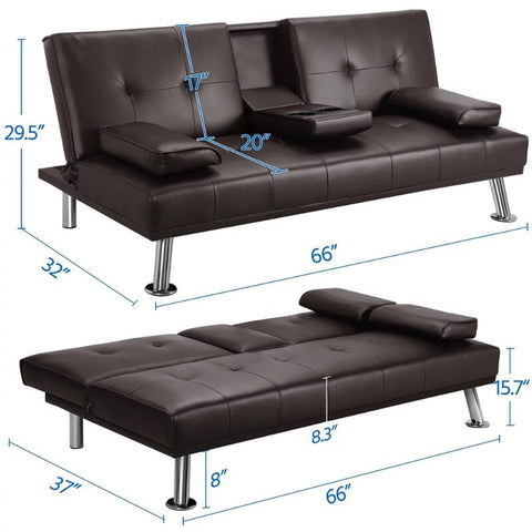LuxuryGoods Modern Faux Leather Futon with Cupholders and Pillows