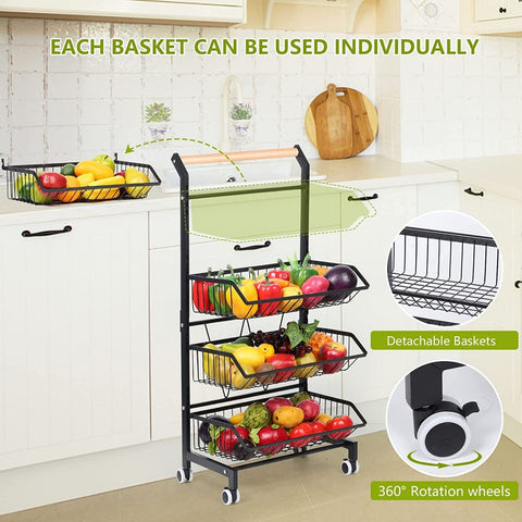 4 Tier Fruit Vegetable Storage Basket Rolling Cart with Handle and Wheels,