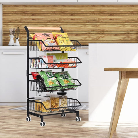 4 Tier Fruit Vegetable Storage Basket Rolling Cart with Handle and Wheels,