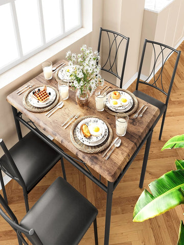 4-Piece Dining Table Set Metal and Wood Kitchen Table and Chairs Rustic Brown