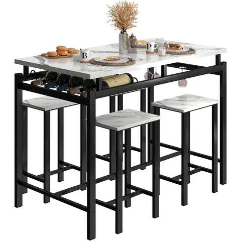 Basenji Dining Table Set for 4, 5 Piece Kitchen Table and Chairs with Wine Rack and Glass Holder, Bar Table and Chairs Set