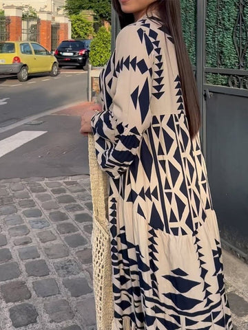 Women Casual Vintage Geometric V Neck Dresses