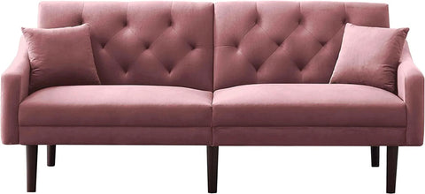 Convertible Sleeper Futon Sofa with 2 Pillows, Velvet Tufted Couch w/Metal Legs and Adjustable Backrest,Pink