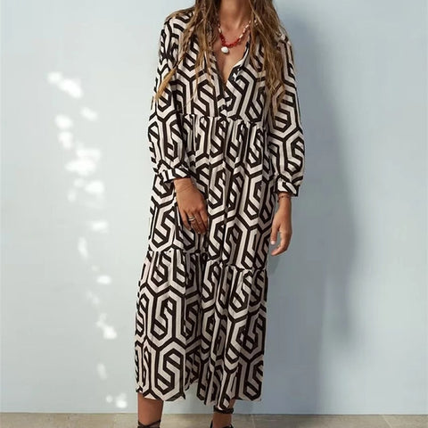 Women Casual Vintage Geometric V Neck Dresses
