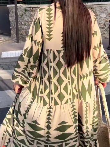 Women Casual Vintage Geometric V Neck Dresses