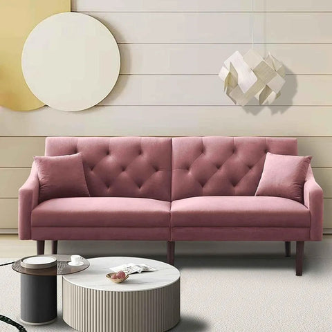 Convertible Sleeper Futon Sofa with 2 Pillows, Velvet Tufted Couch w/Metal Legs and Adjustable Backrest,Pink
