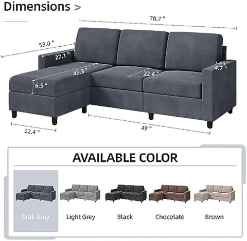 Modern Linen Fabric L-Shaped , 3-Seat Sofa Sectional with Reversible Chaise