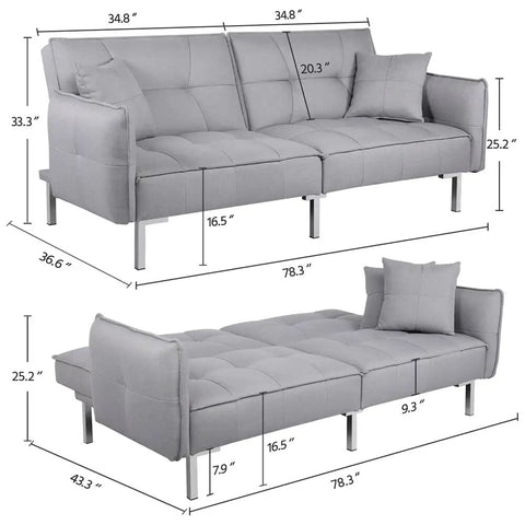 Fabric Covered Futon Sofa Bed with Adjustable Backrest, Gray