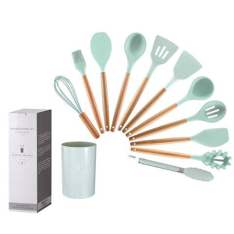 12Pcs Wooden Handle Silicone Kitchen Spoon