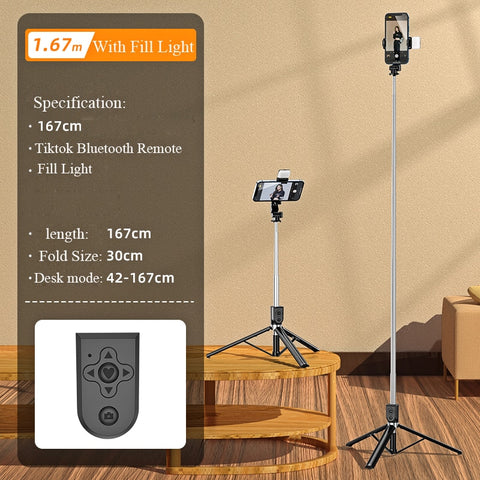 1.67M Long Extended Bluetooth Selfie Stick