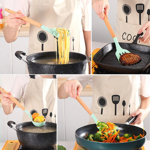 12Pcs Wooden Handle Silicone Kitchen Spoon