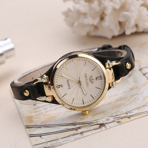 Women Leather Thin Strap Solid Color Fashion  Watch