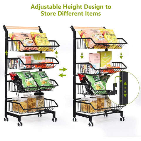 4 Tier Fruit Vegetable Storage Basket Rolling Cart with Handle and Wheels,