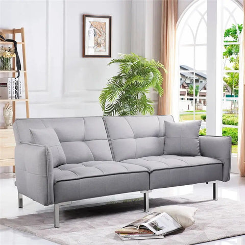 Fabric Covered Futon Sofa Bed with Adjustable Backrest, Gray