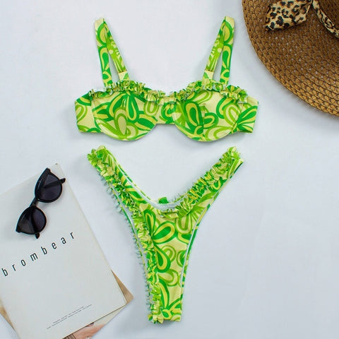 New Low Waist Flower Print One Bikini Set