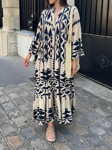 Women Casual Vintage Geometric V Neck Dresses