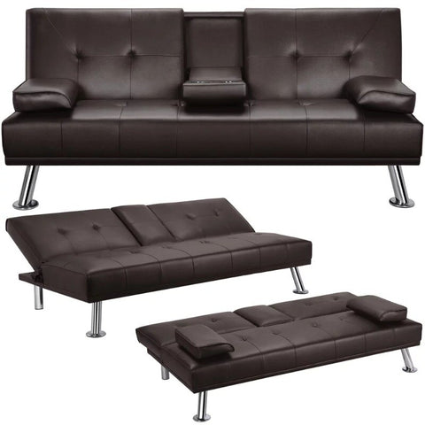 LuxuryGoods Modern Faux Leather Futon with Cupholders and Pillows