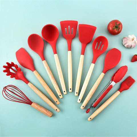 12Pcs Wooden Handle Silicone Kitchen Spoon