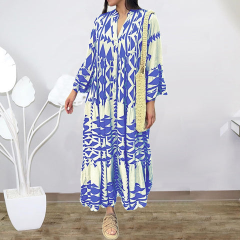 Women Casual Vintage Geometric V Neck Dresses