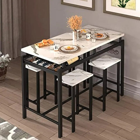 Basenji Dining Table Set for 4, 5 Piece Kitchen Table and Chairs with Wine Rack and Glass Holder, Bar Table and Chairs Set