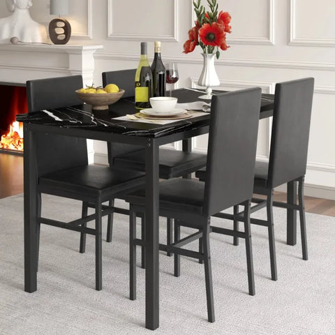 5 Piece Dining Table Set Modern Faux Marble Tabletop & 4 PU Leather Upholstered Chairs Rectangle Kitchen Table and Chairs 4 Persons