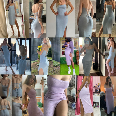 Women Spaghetti Strap Strapless Backless Lace Up Dresses