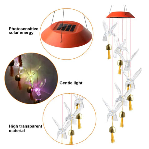 LED Colorful Solar Power Wind Chime Crystal Hummingbird