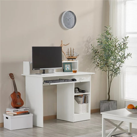 Wooden Home Office Computer Desk with Drawers and Keyboard Tray, White