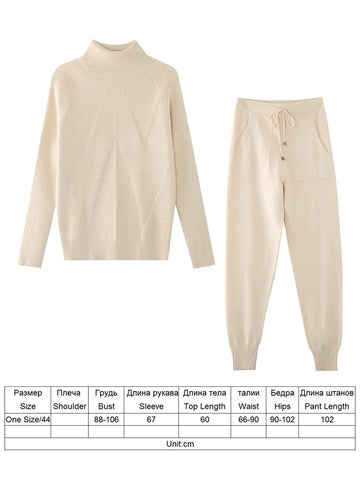 TYHRU Autumn Winter Women's tracksuit Solid Color Striped Turtleneck Sweater and Elastic Trousers Suits Knitted Two Piece Set