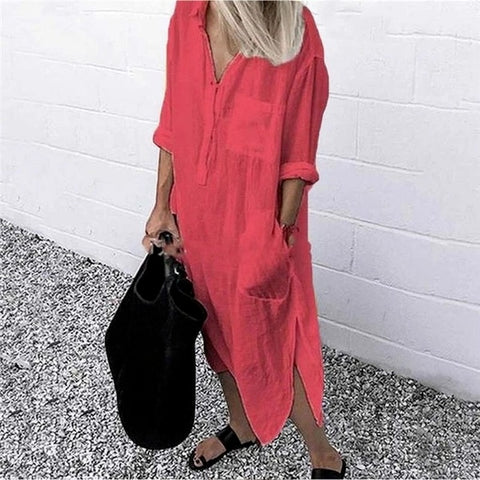 Women Casual Long Sleeve Side Split Button Dresses