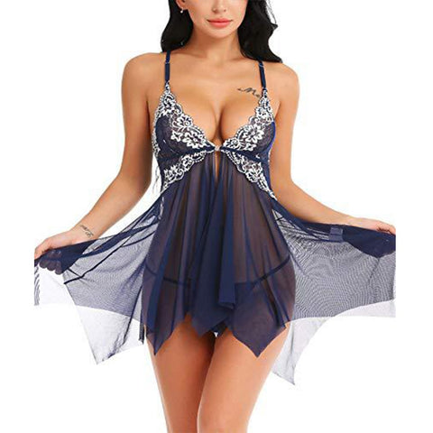 Women Front Closure Lace Mesh Sleepwear Set
