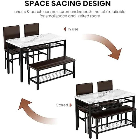 Kitchen Table and 2 Chairs for 4 with Bench,Faux Mable Dining Table Set for 4 w/Storage Rack,