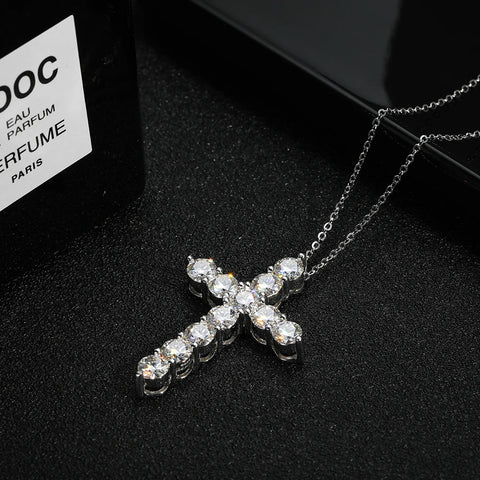Full Moissanite Cross Pendant Necklace Original 925 Sterling Sliver Chain Plated 18k White Gold Fine