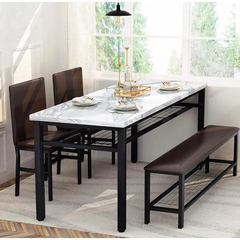 Kitchen Table and 2 Chairs for 4 with Bench,Faux Mable Dining Table Set for 4 w/Storage Rack,